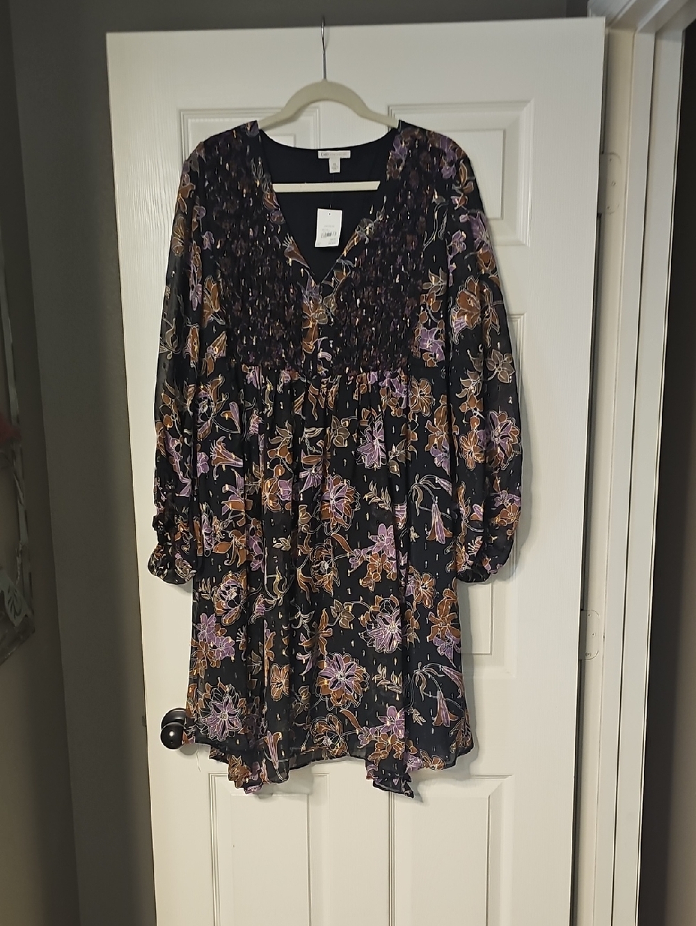 Cato Black Midi Dress with Purple & Brown Floral Print